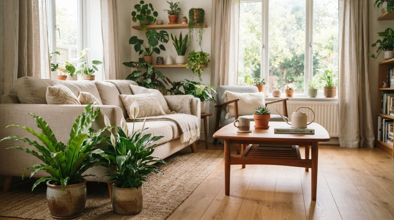Sala decorada com samambaia, lírio-da-paz e suculentas distribuídas em mesas, prateleiras e próximas à janela.