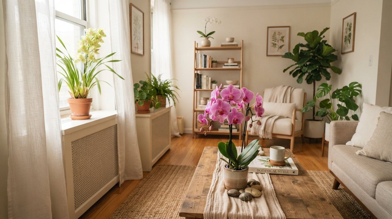 Orquídeas floridas distribuídas sobre mesa, próximo à janela e em prateleira na decoração de um apartamento pequeno.