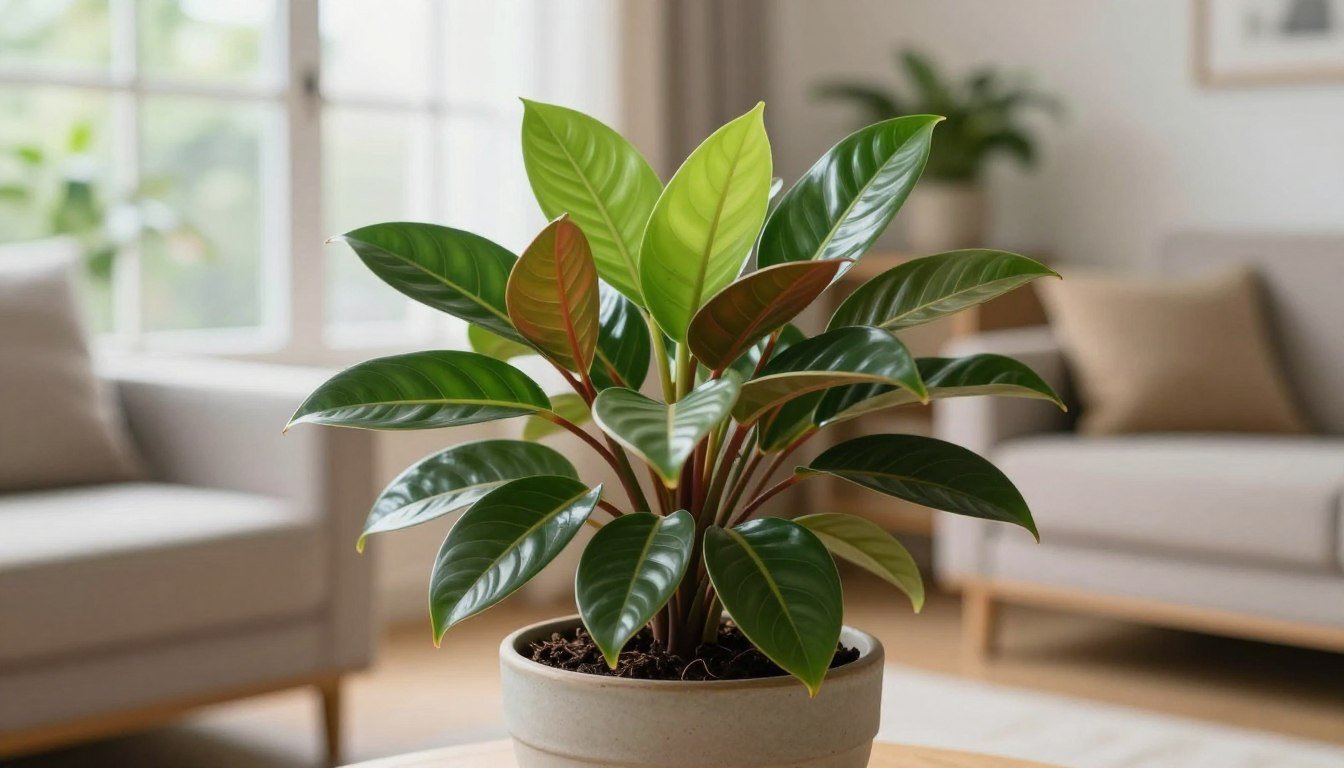 Peperômia compacta com folhas verdes e brilhantes cultivada em vaso de cerâmica dentro de casa.