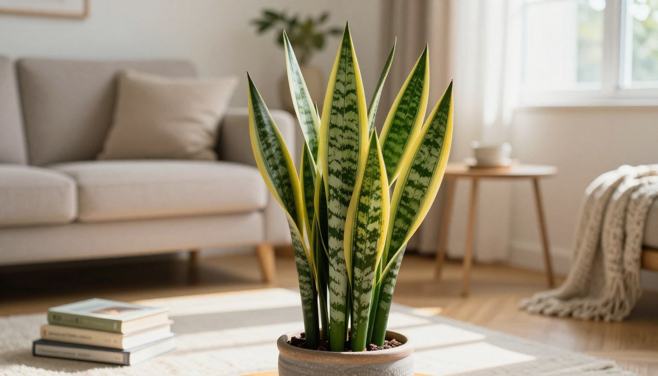 Espada-de-São-Jorge saudável com folhas verdes e amarelas cultivada em vaso decorativo dentro de uma sala iluminada.
