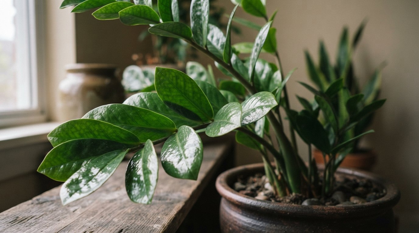 Zamioculca saudável com folhas verdes, firmes e brilhantes cultivada em ambiente interno com iluminação suave.