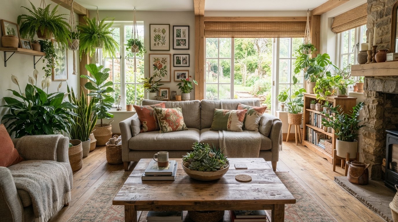 Sala aconchegante decorada com lírio-da-paz, Espada-de-São-Jorge, samambaias e pequenas suculentas.