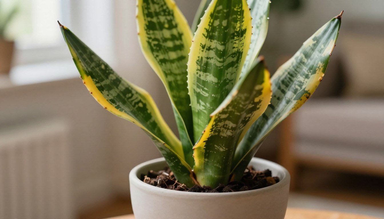 Espada-de-São-Jorge com pontas marrons e bordas amareladas nas folhas, mostrando sinais de problemas no cultivo.