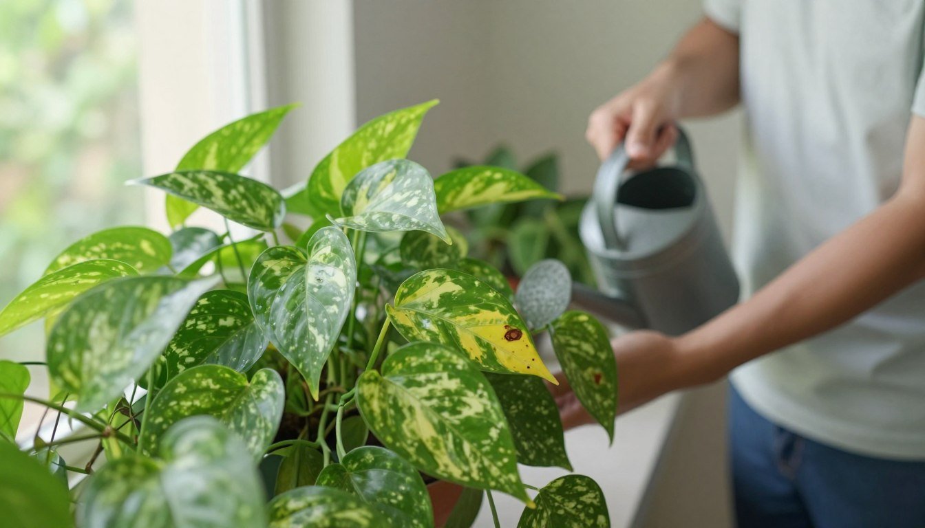 Jiboia com folhas amareladas e manchas marrons mostrando problemas comuns durante o cultivo em ambiente interno.