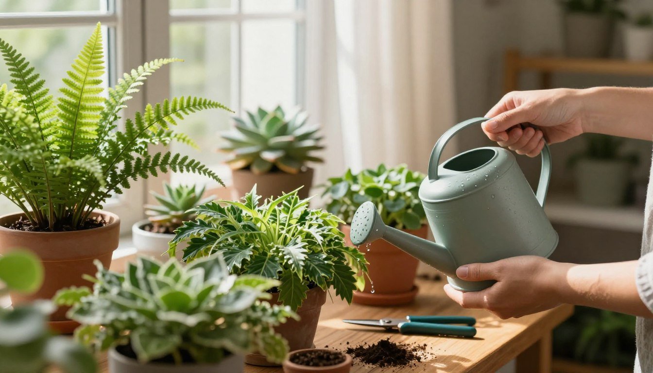 Plantas cultivadas dentro de casa recebendo rega, com ferramentas de jardinagem próximas a uma janela iluminada.
