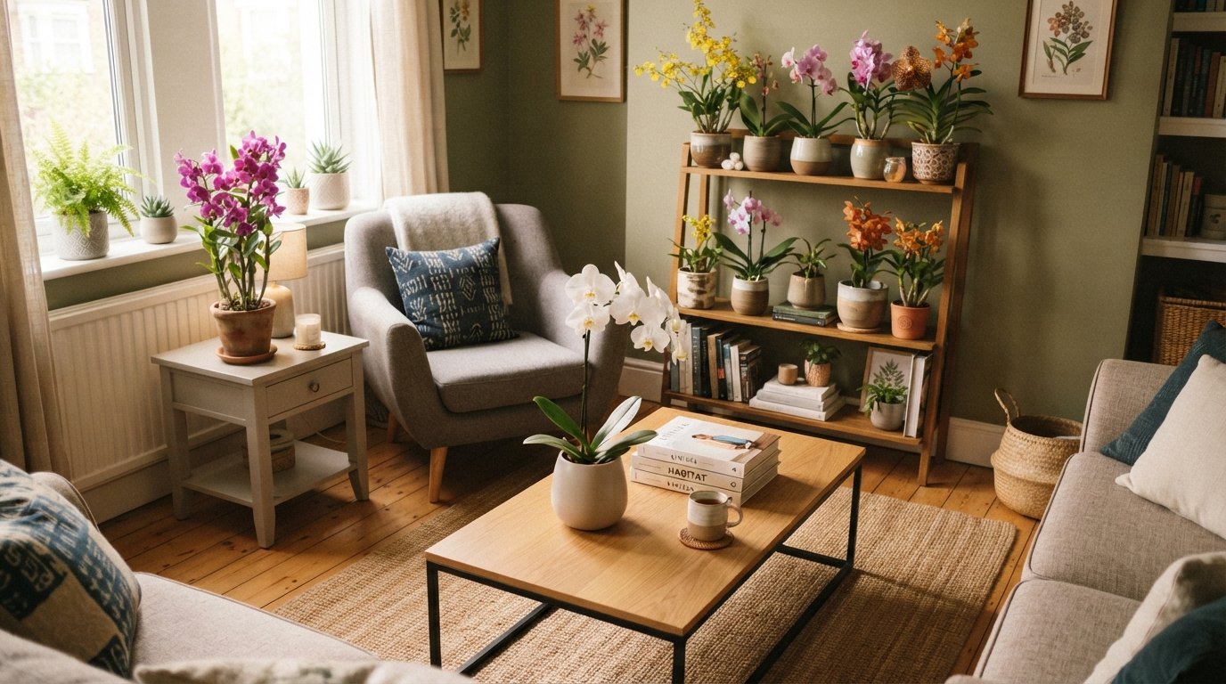Orquídeas Phalaenopsis e Dendrobium decorando uma sala pequena com vasos distribuídos sobre mesas e prateleiras.
