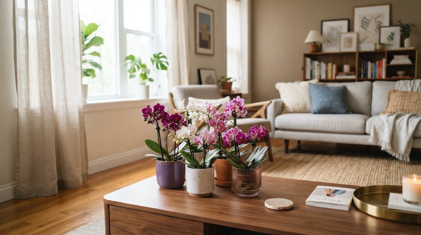 Mini orquídeas floridas em tons de roxo, branco e rosa decorando uma sala pequena de apartamento.