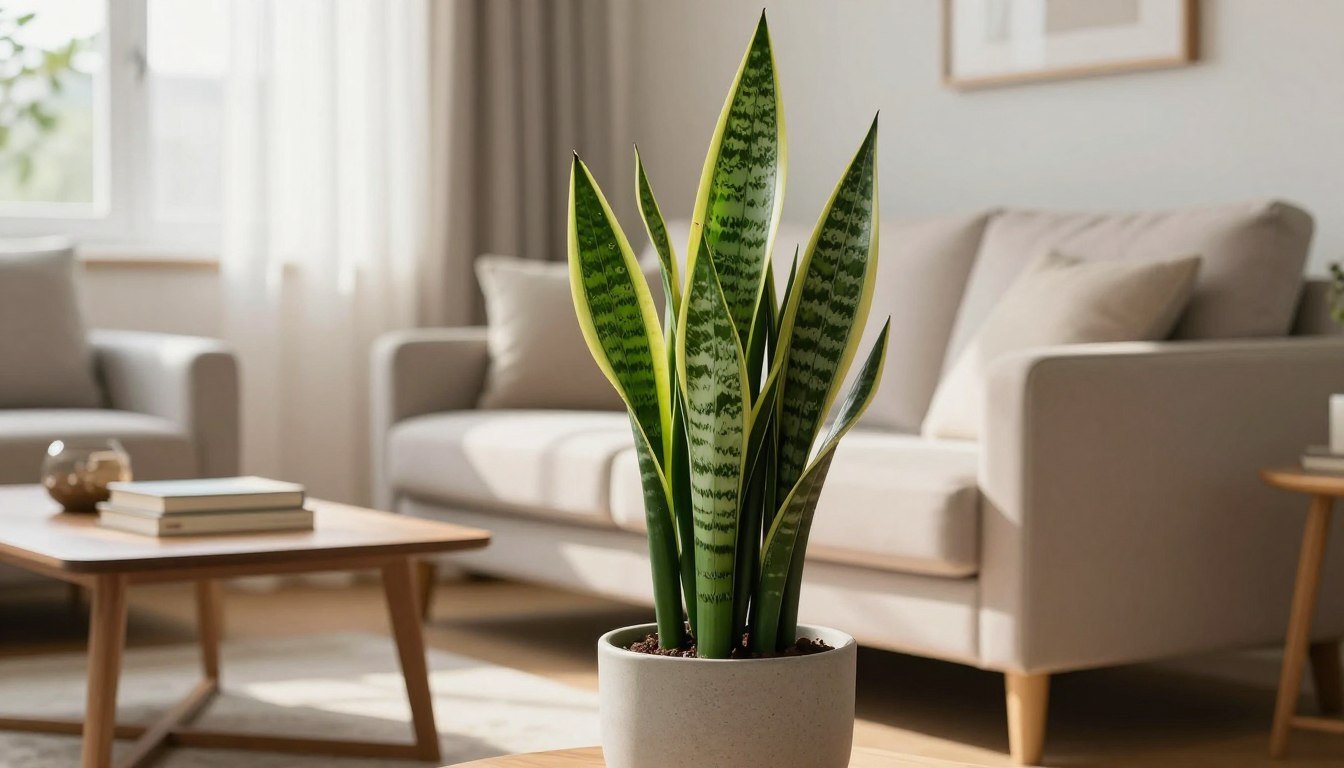 Espada-de-São-Jorge em vaso decorativo dentro de uma sala próxima a uma janela com iluminação natural.