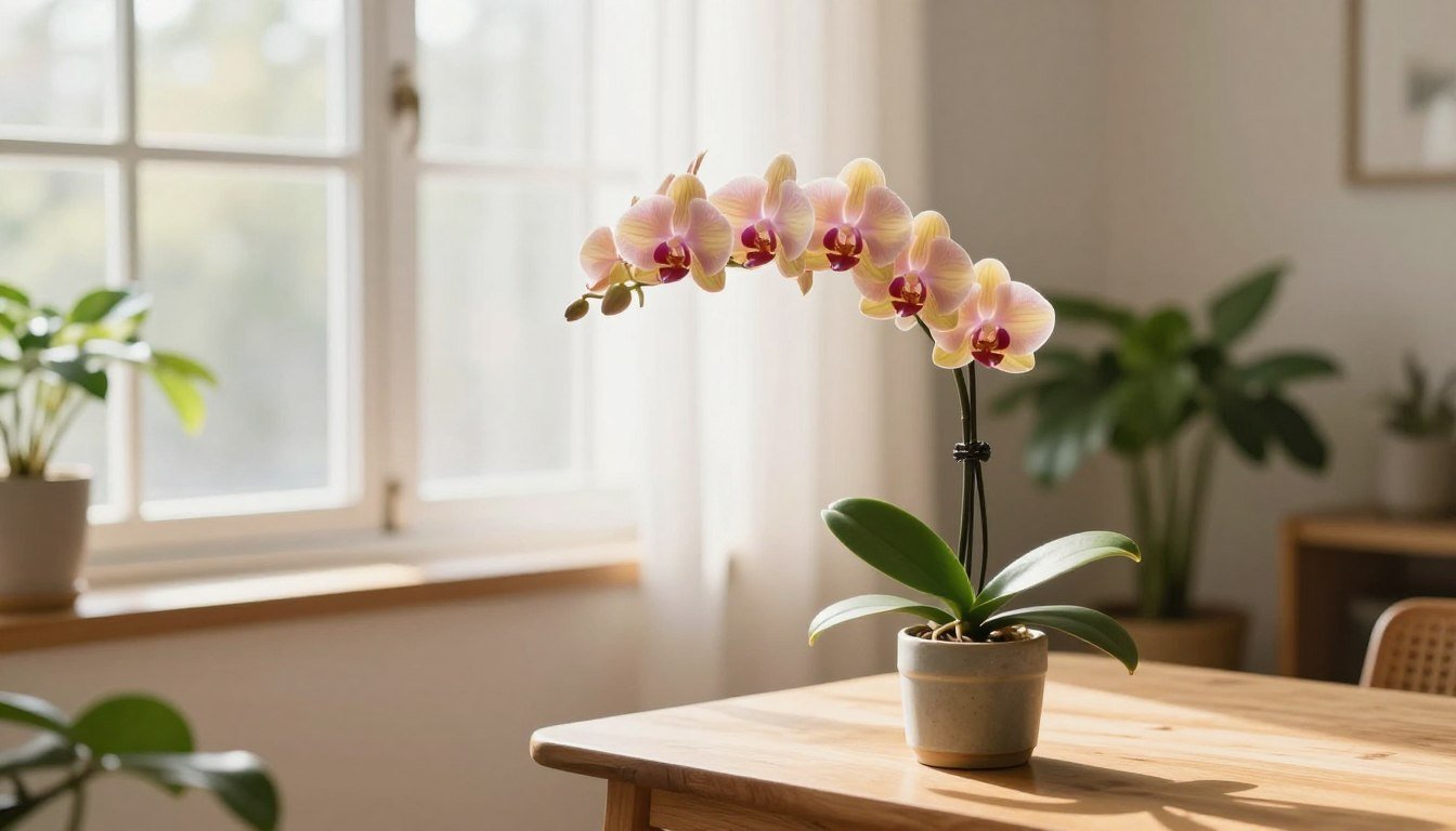 Orquídea Phalaenopsis florida cultivada próxima a uma janela com iluminação natural suave e indireta.