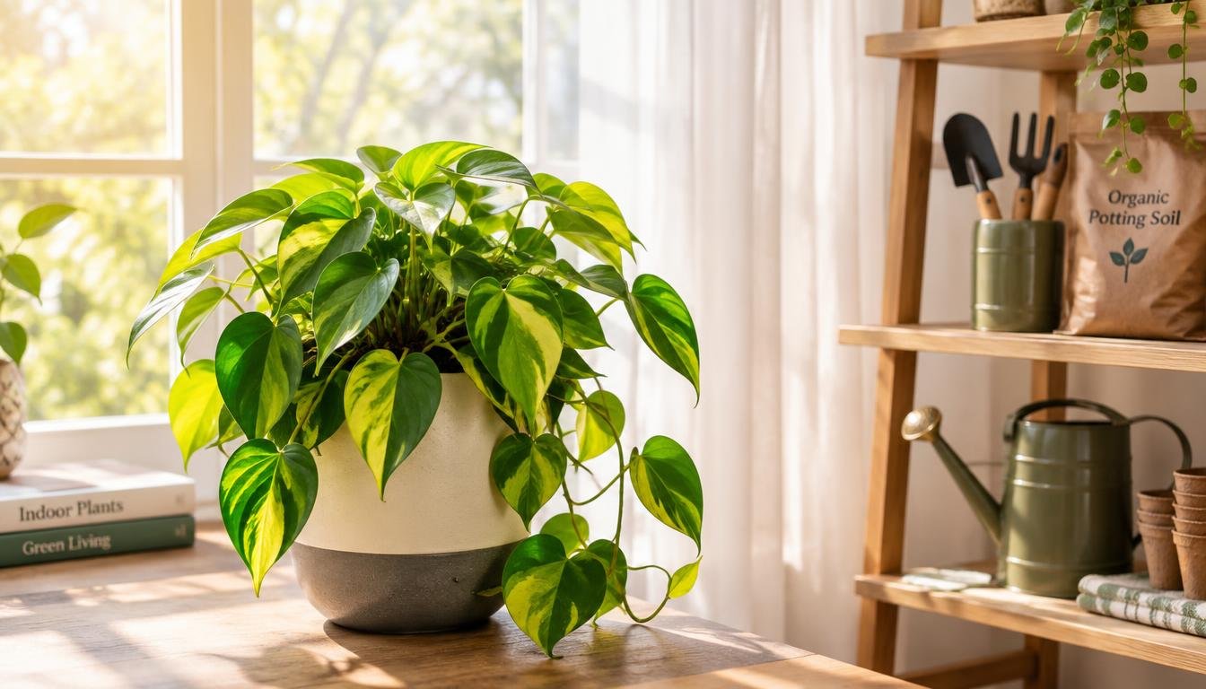 Jiboia com folhas verdes e amareladas cultivada próxima a uma janela com iluminação natural indireta.