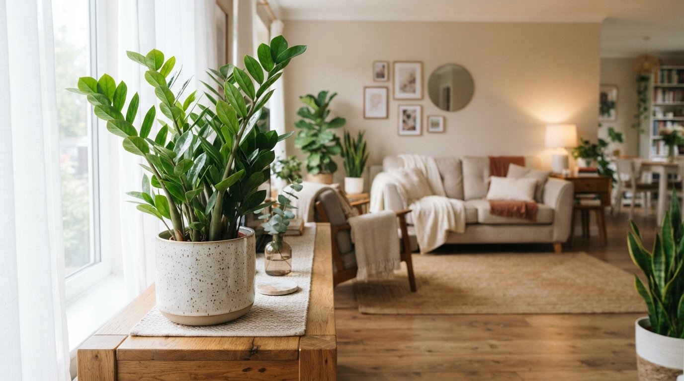 Zamioculca saudável com folhas verdes e brilhantes cultivada em vaso decorativo dentro de casa com luz natural indireta.