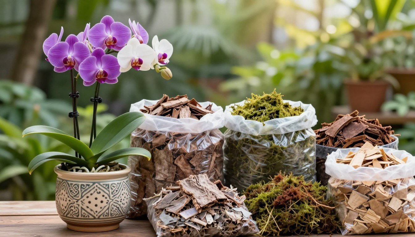 Orquídea Phalaenopsis em vaso com furos de drenagem ao lado de casca de pinus e musgo esfagno usados no substrato.