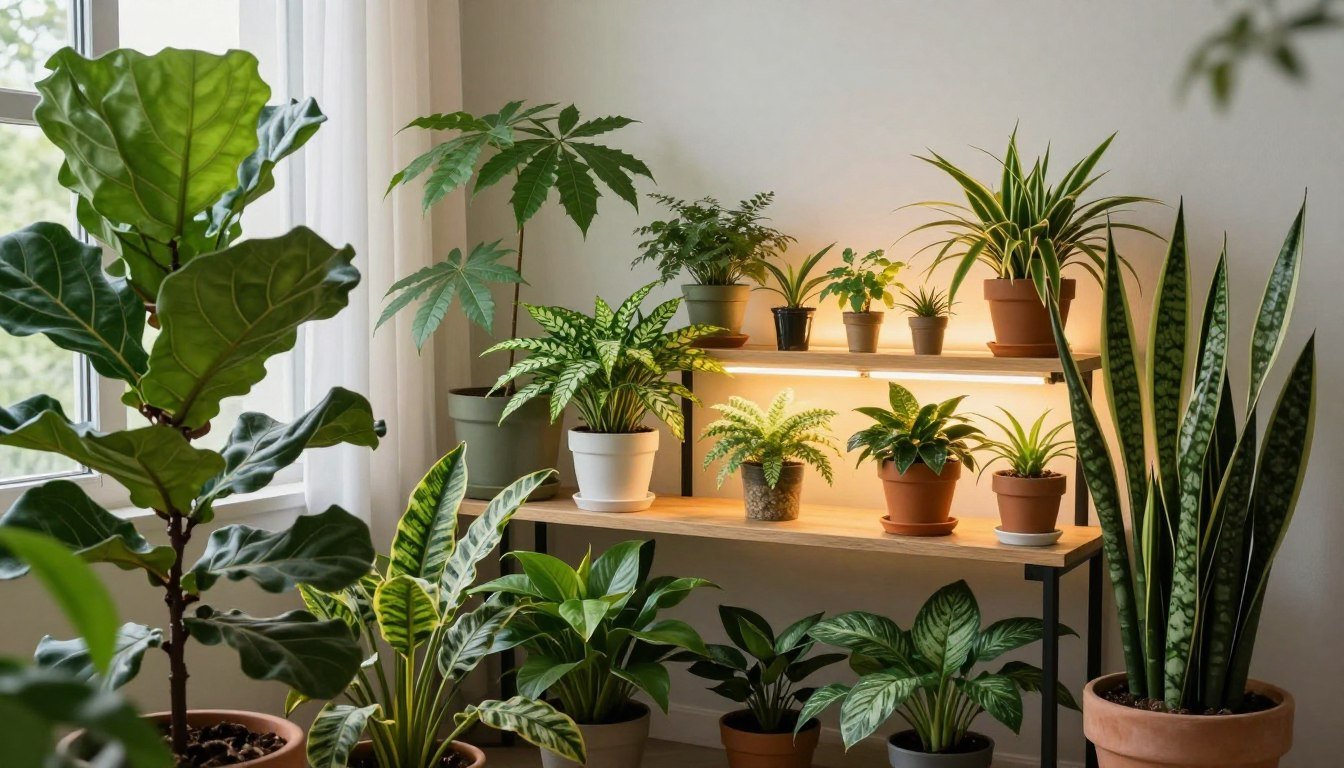 Plantas cultivadas em ambiente fechado recebendo luz natural de uma janela e iluminação artificial para cultivo.