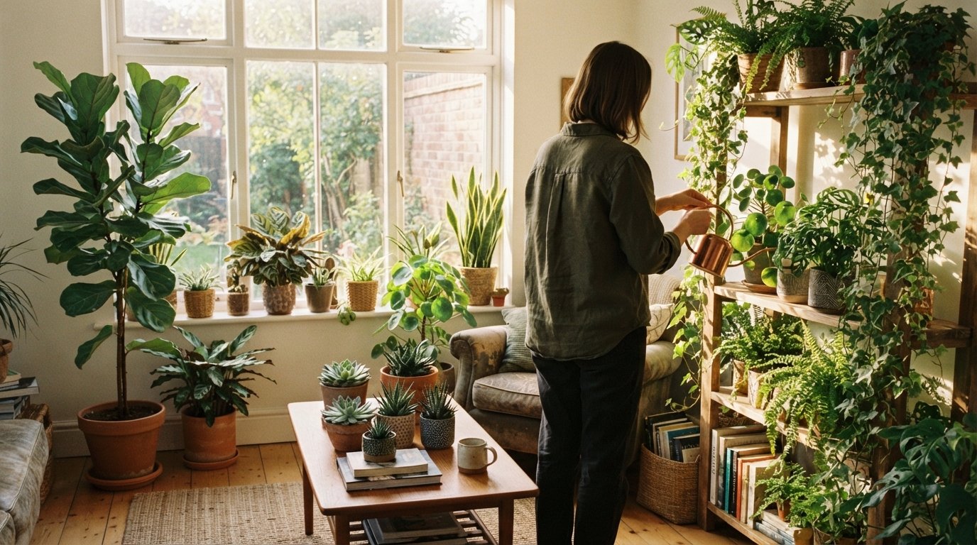 Pessoa regando plantas em uma sala com Ficus lyrata, suculentas e plantas pendentes próximas a uma janela.