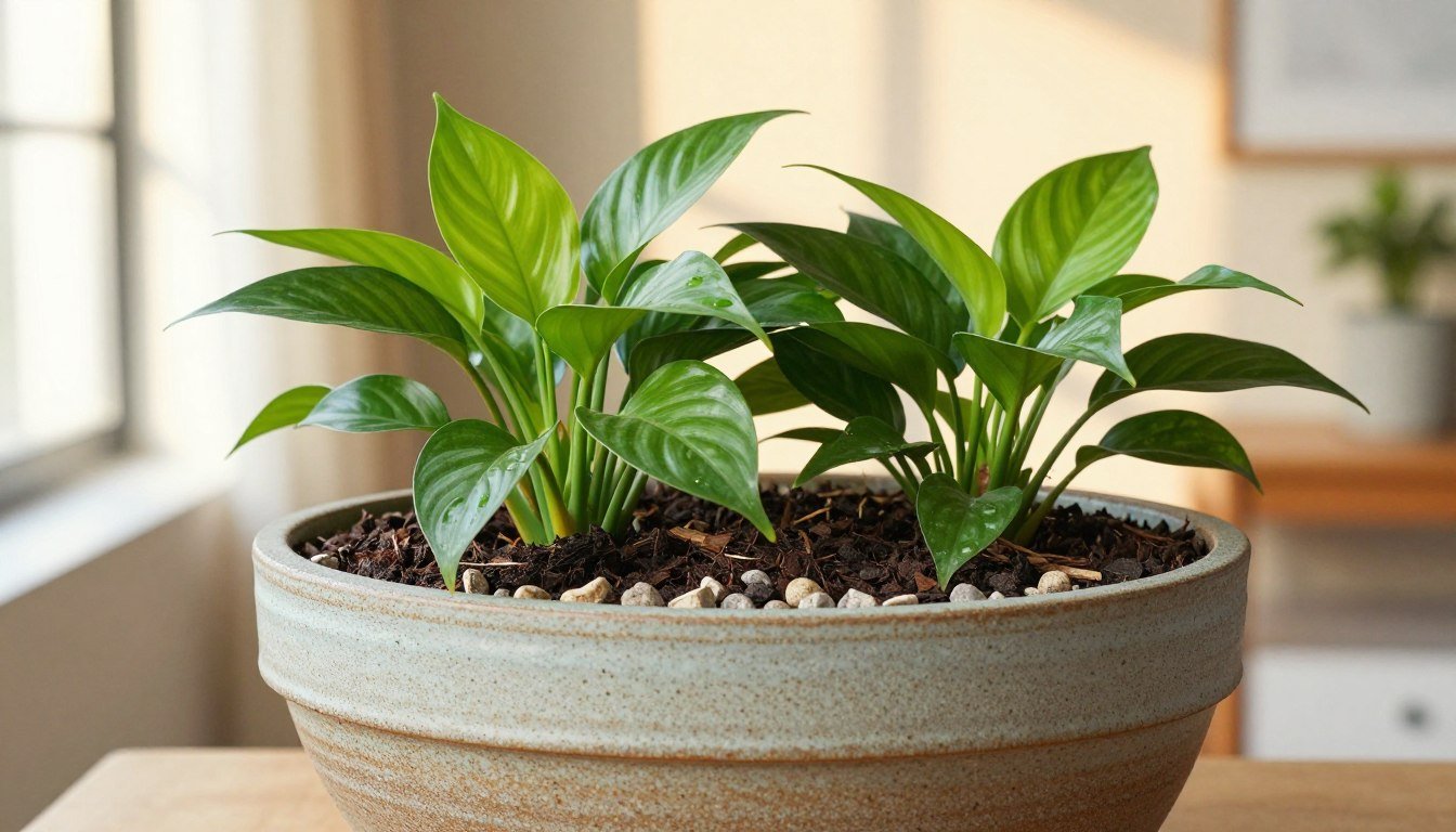 Planta de interior cultivada em vaso com substrato escuro e estrutura de drenagem em ambiente bem iluminado.
