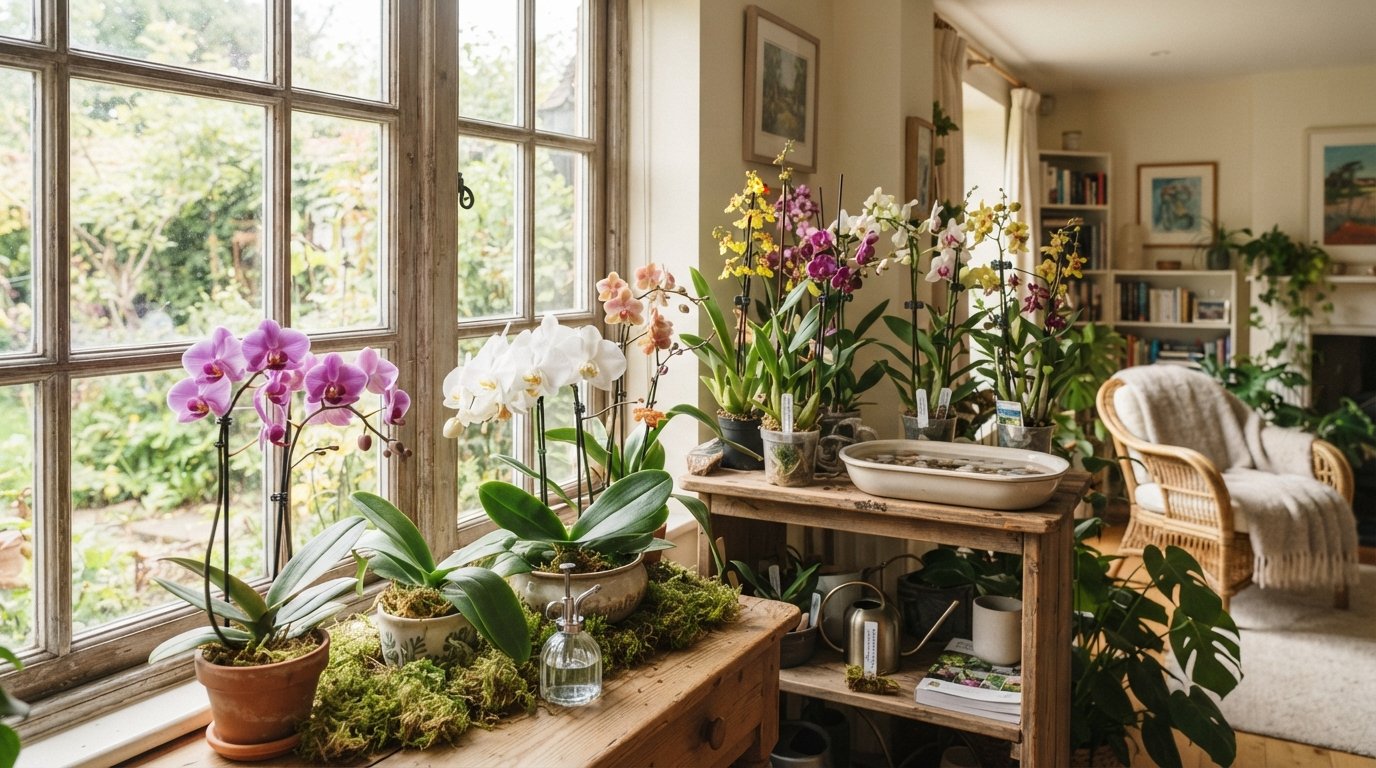 Orquídeas roxas e brancas organizadas próximas a uma janela em cantinho de cultivo com boa ventilação e umidade.