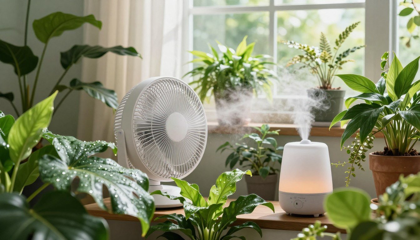 Plantas de interior próximas a uma janela com ventilador e umidificador auxiliando na circulação do ar e na umidade do ambiente.